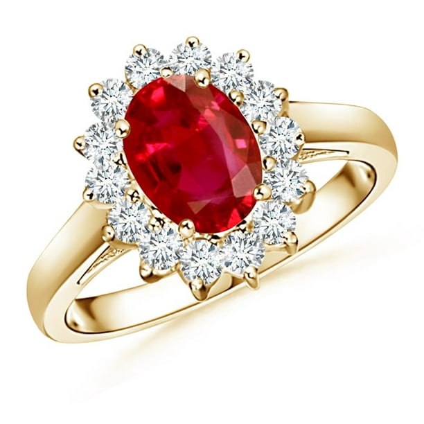 Diamond & Ruby Ring Set In Yellow Gold Plated Silver .925 Halo Princess Diana Inspired Designer Stylish 